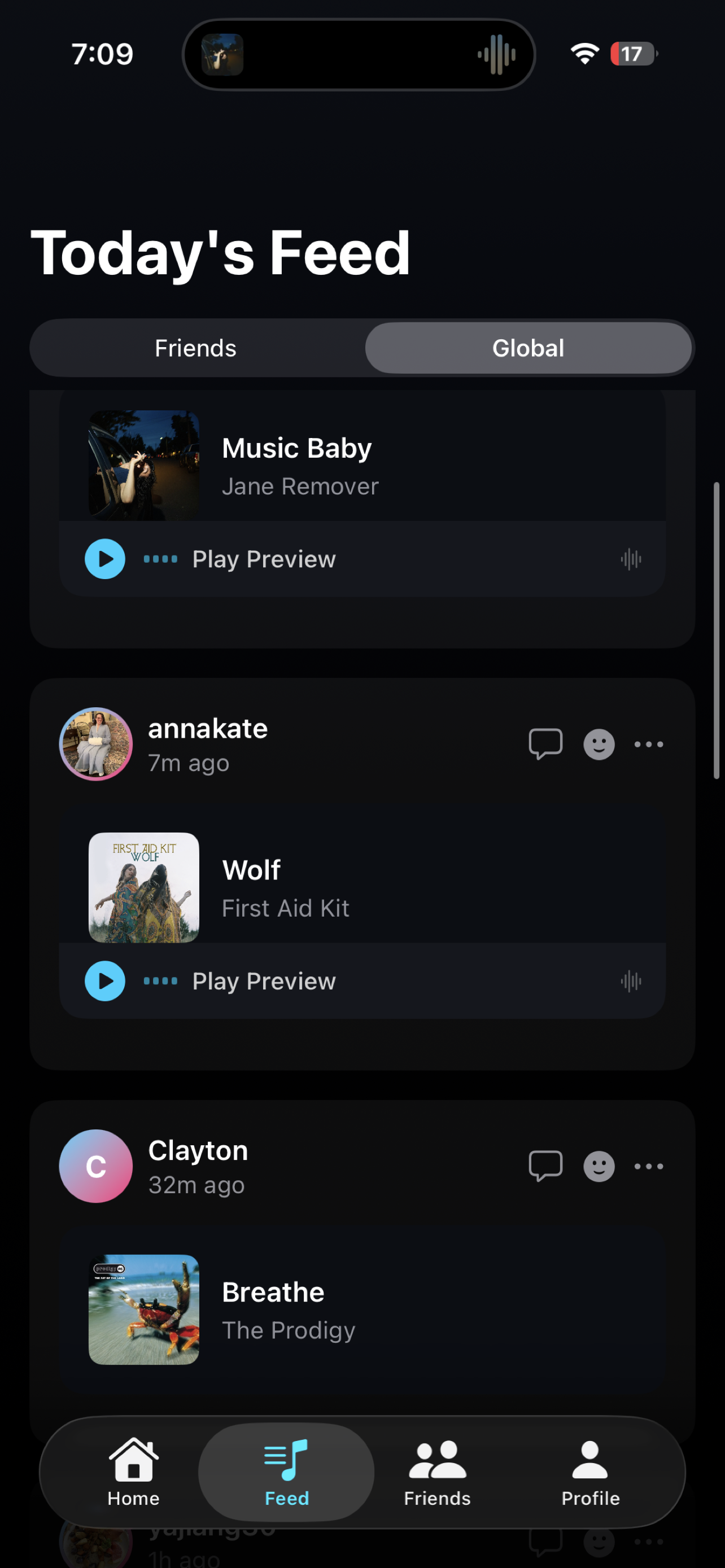 Pulse feed showing friends sharing music in real time
